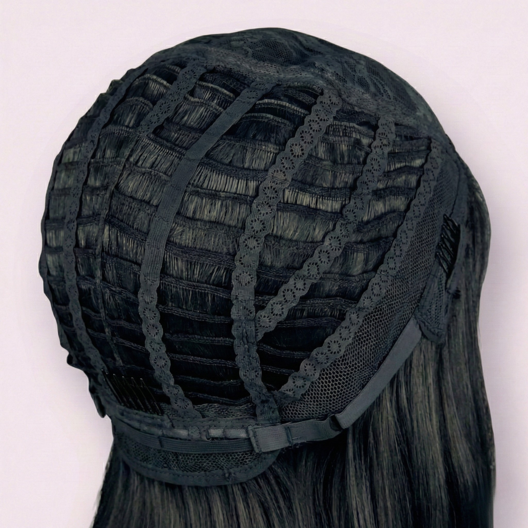 Inside view of a synthetic wig cap. Adjustable elastic band and secure fit with breathable mesh design. Custom sizing available upon request. Comfortable and lightweight for all-day wear. Suitable for cosplay, fashion, and medical hair loss wigs.
