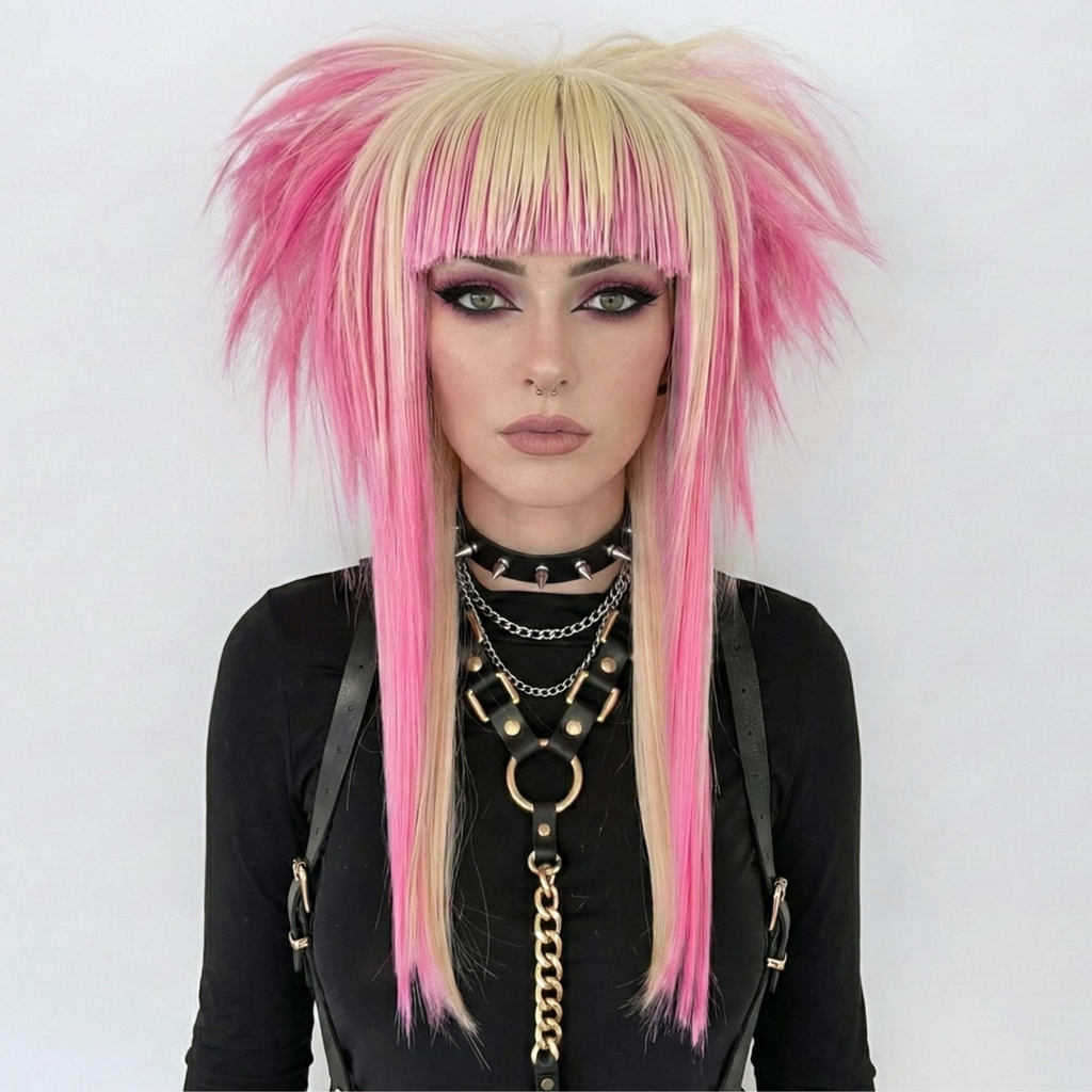 Front view of model is wearing the emo scene wig in platinum blonde and pastel pink, styled with spiky, volume and texture. High-quality synthetic wig suitable for emo, scene, scenecore, y2k, and Harajuku fashion styles.