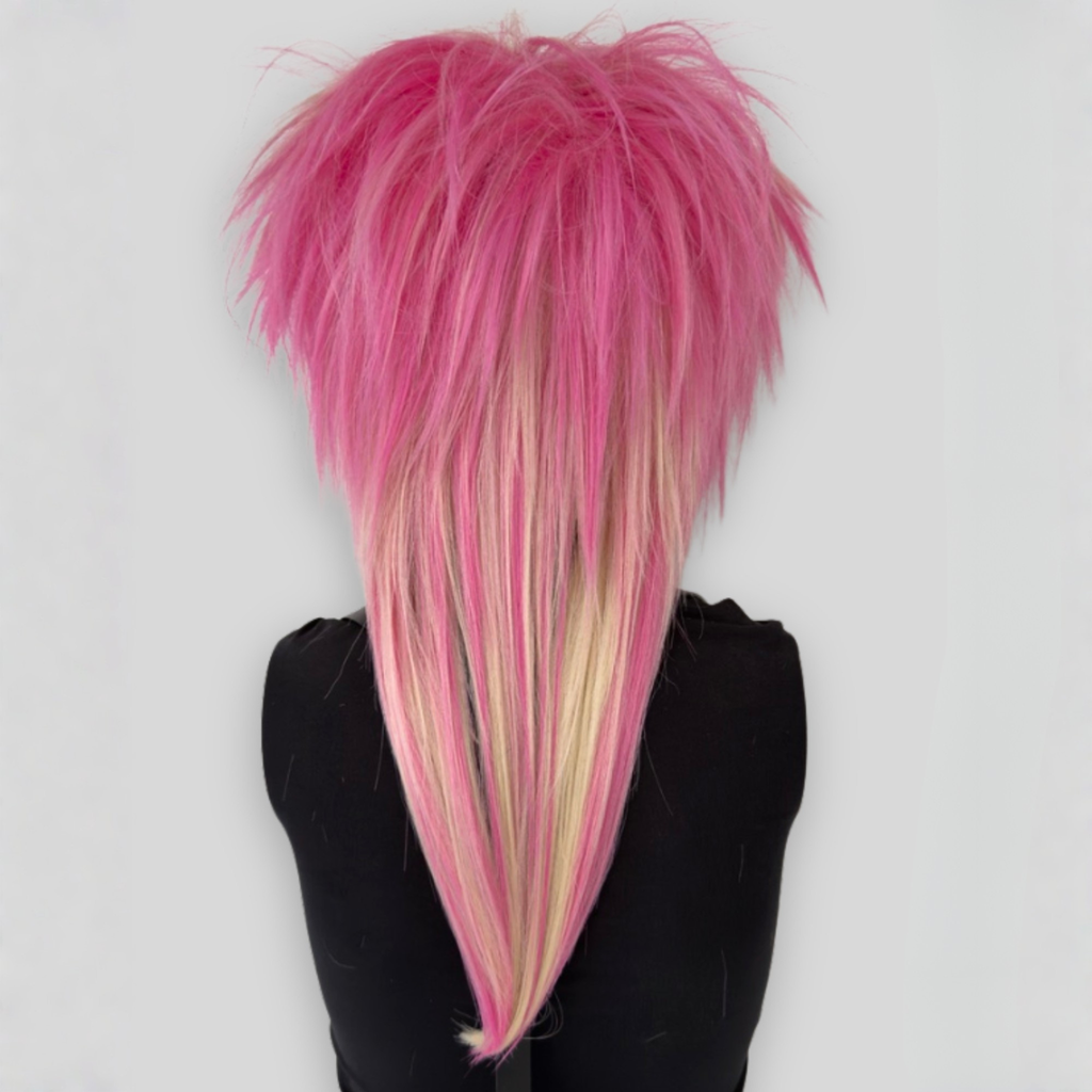 Back view of platinum blonde and pastel pink layered wig, showcasing smooth texture and professional styling. Ideal for kawaii, y2k, scenecore, cosplay, pastel goth, and alternative fashion lovers.