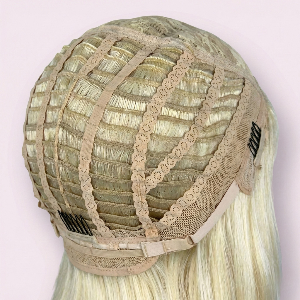 Inside view of a synthetic wig cap. Adjustable elastic band and secure fit with breathable mesh design. Custom sizing available upon request. Comfortable and lightweight for all-day wear. Suitable for cosplay, fashion, and medical hair loss wigs.