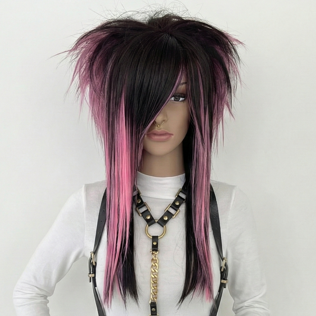 Brown & Pink Emo Scene Wig with Side Bangs