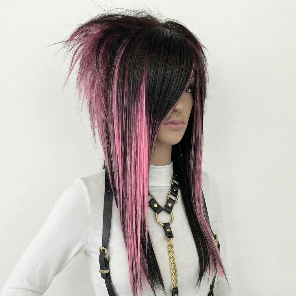 Brown & Pink Emo Scene Wig with Side Bangs