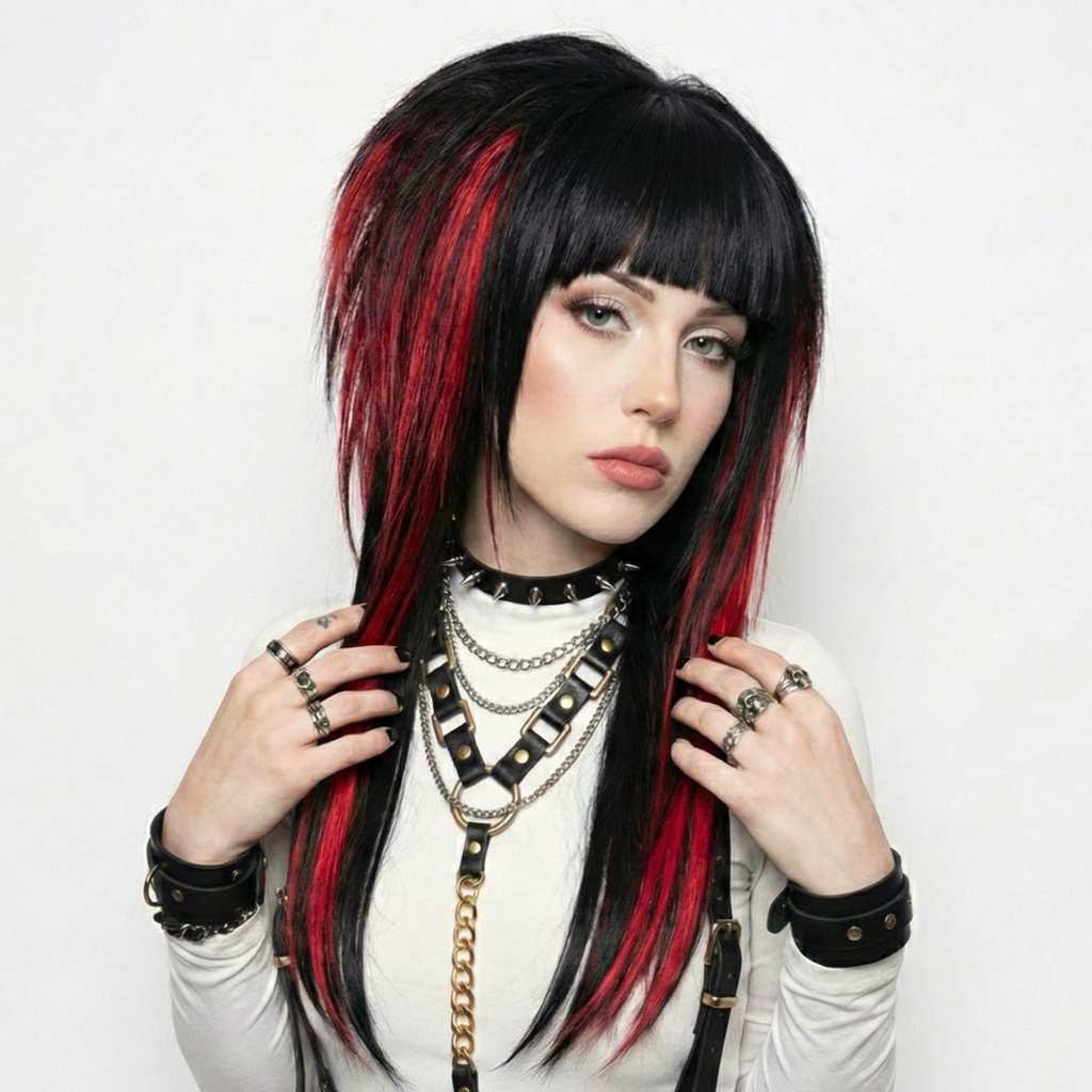 Front view of model is wearing the emo scene wig in black and red, styled with spiky, volume and texture. High-quality synthetic wig suitable for emo, scene, scenecore, y2k, and Harajuku fashion styles.
