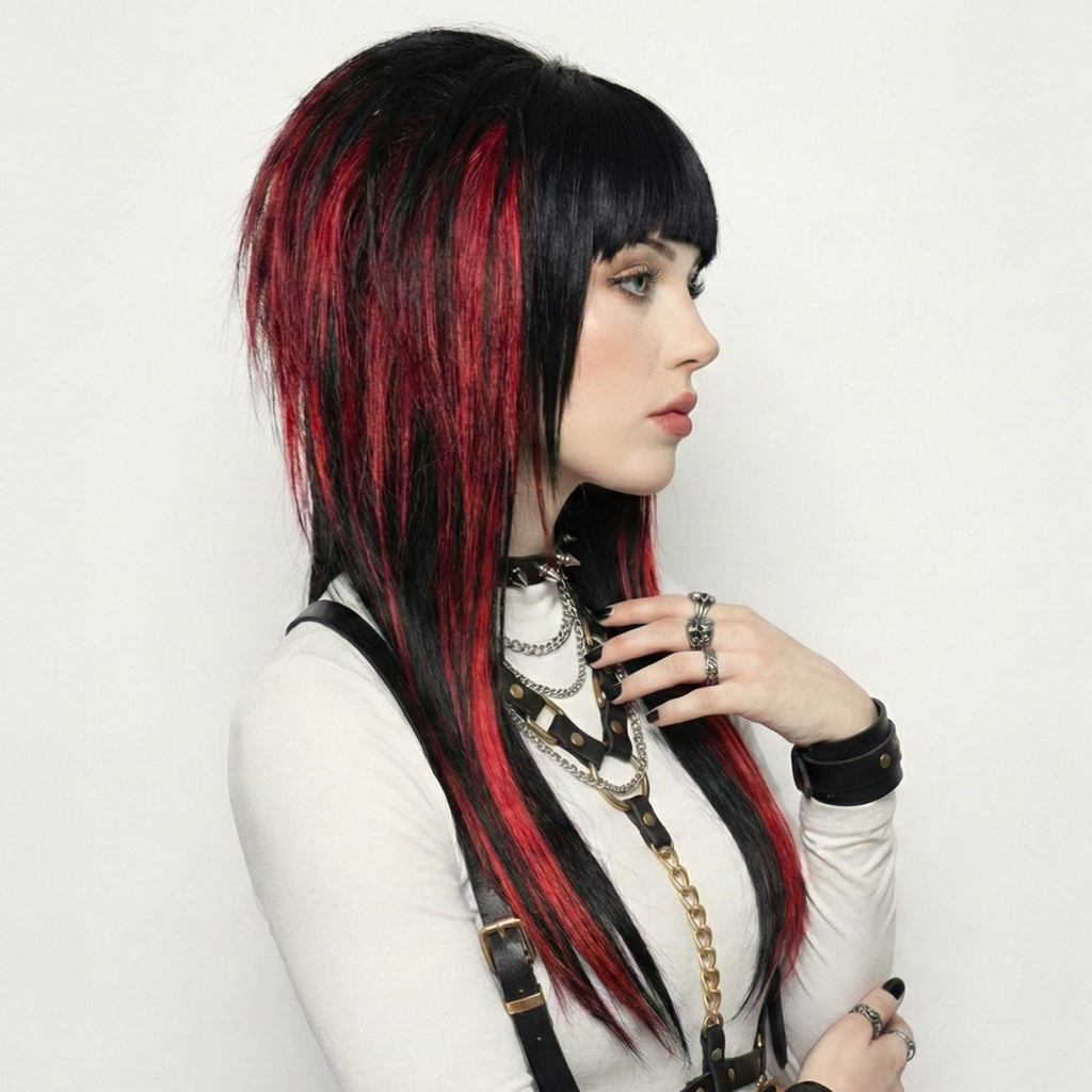 Right side view of model is wearing the emo scene wig in black and red, styled with spiky, volume and texture. High-quality synthetic wig suitable for emo, scene, scenecore, y2k, and Harajuku fashion styles.