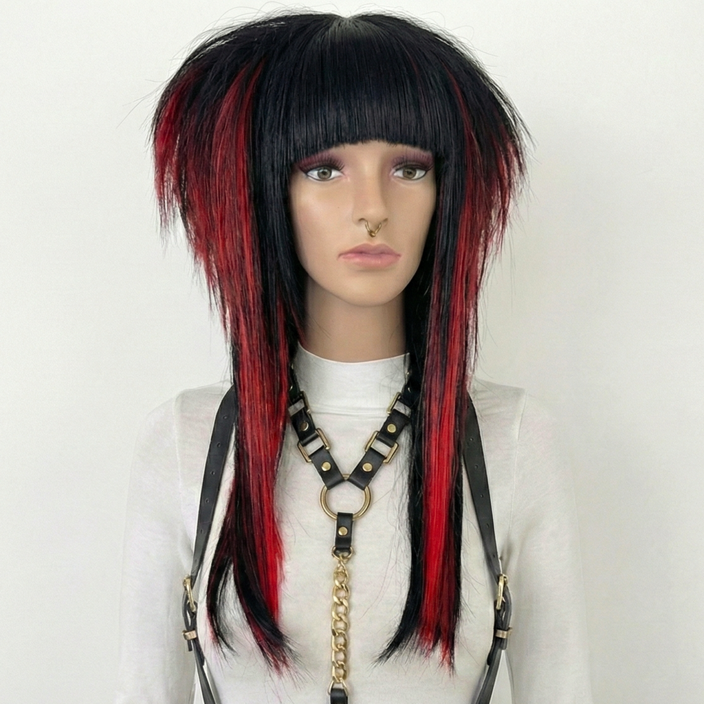 Front view of the emo scene wig in black and red, styled with spiky, volume and texture. High-quality synthetic wig suitable for emo, scene, scenecore, y2k, and Harajuku fashion styles.