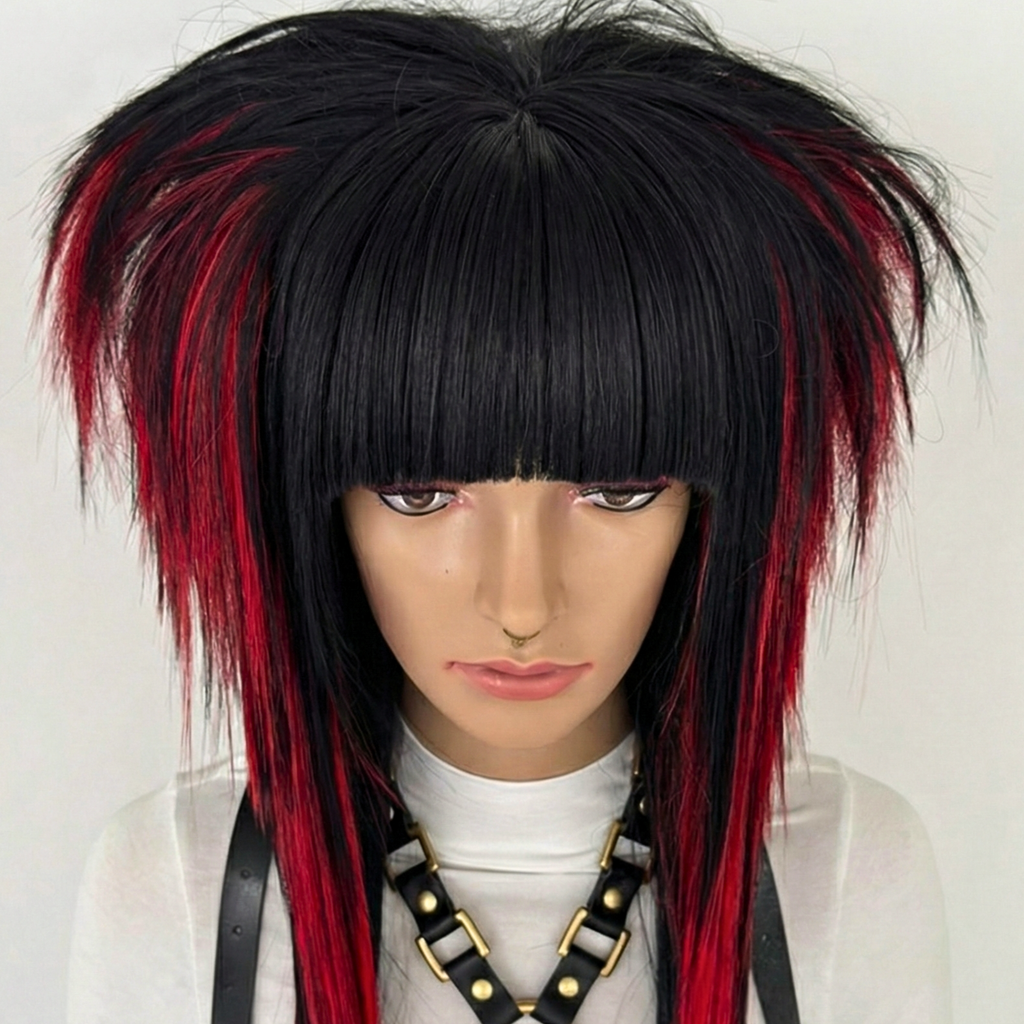 Close-up front view of the emo scene wig in black and red, styled with spiky, volume and texture. High-quality synthetic wig suitable for emo, scene, scenecore, y2k, and Harajuku fashion styles.
