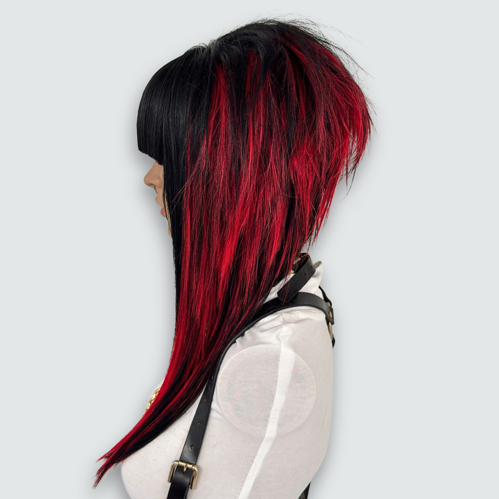 Right side view of the emo scene wig in black and red, styled with spiky, volume and texture. High-quality synthetic wig suitable for emo, scene, scenecore, y2k, and Harajuku fashion styles.