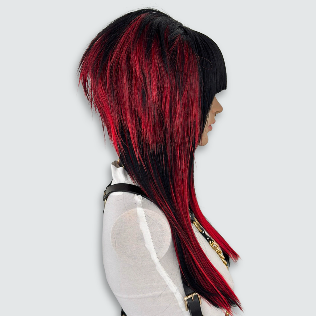 Left side view of the emo scene wig in black and red, styled with spiky, volume and texture. High-quality synthetic wig suitable for emo, scene, scenecore, y2k, and Harajuku fashion styles.