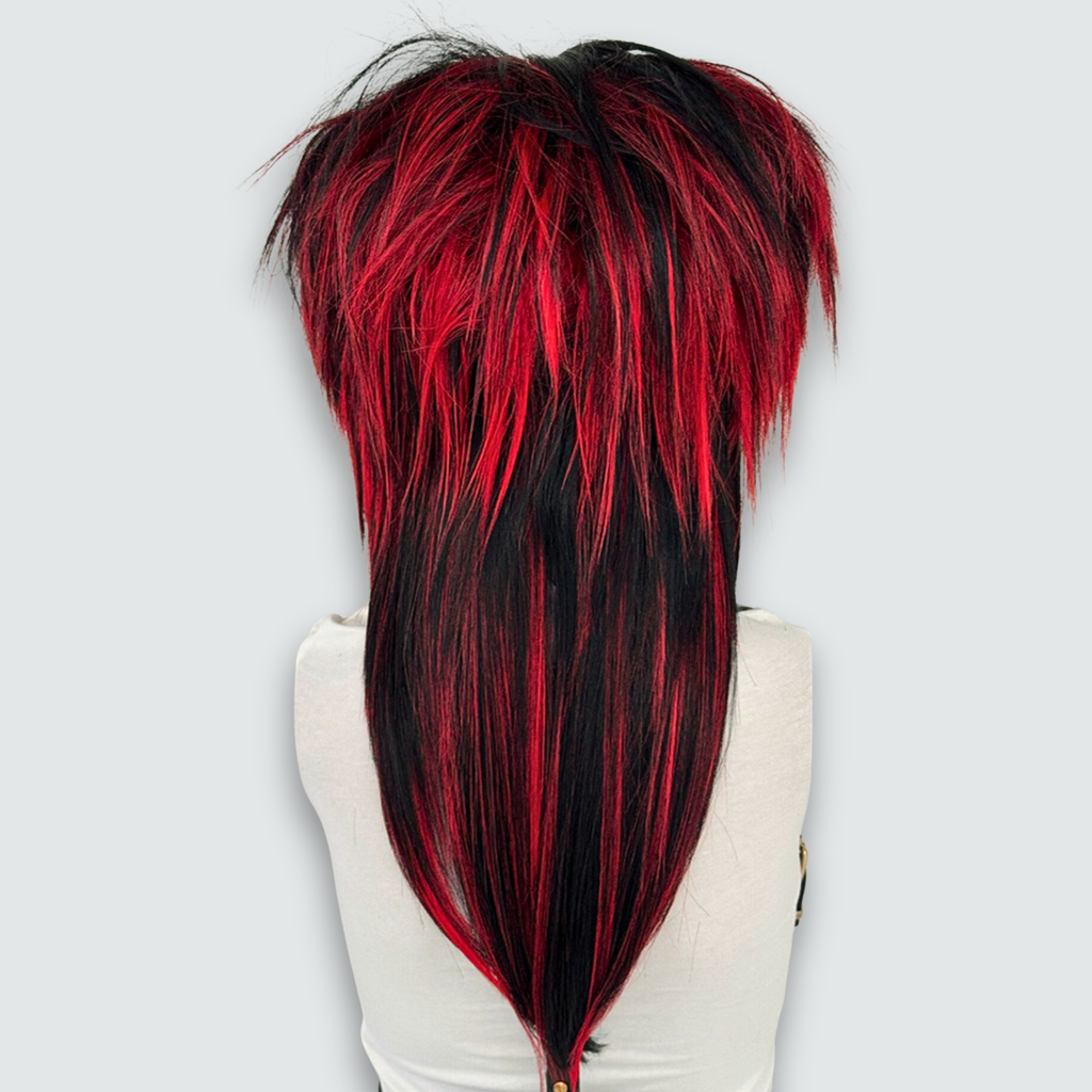 Back view of the emo scene wig in black and red, styled with spiky, volume and texture. High-quality synthetic wig suitable for emo, scene, scenecore, y2k, and Harajuku fashion styles.