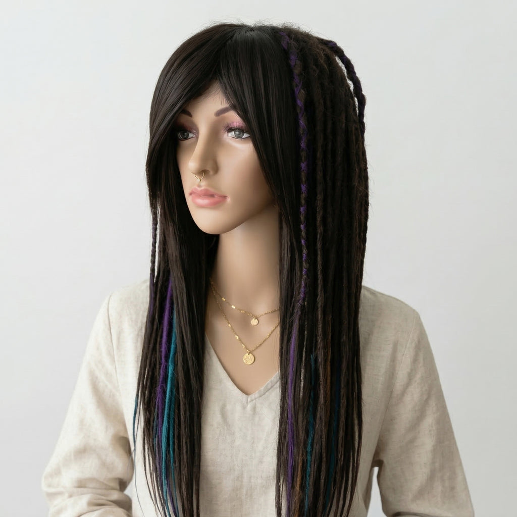 Brown Purple & Blue Dreadlocks Wig with Bangs