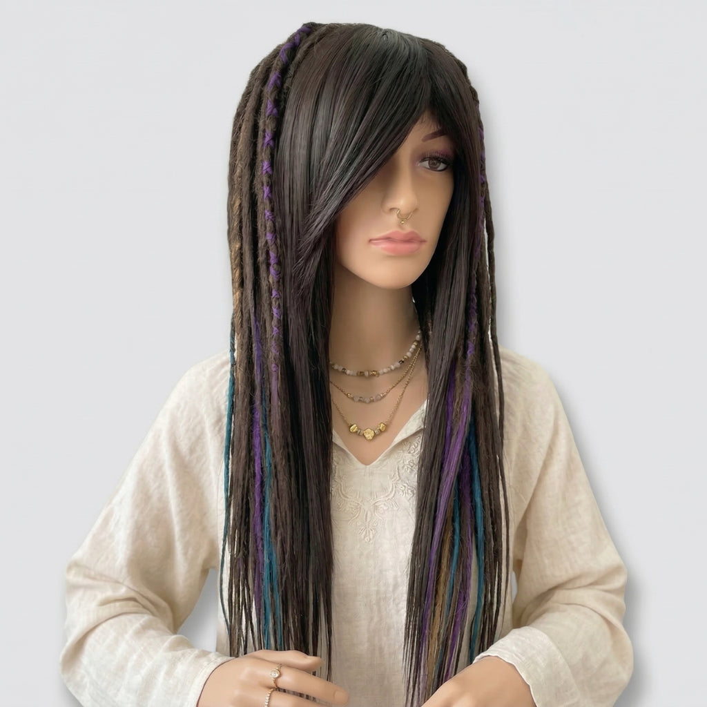 Brown Purple & Blue Dreadlocks Wig with Bangs