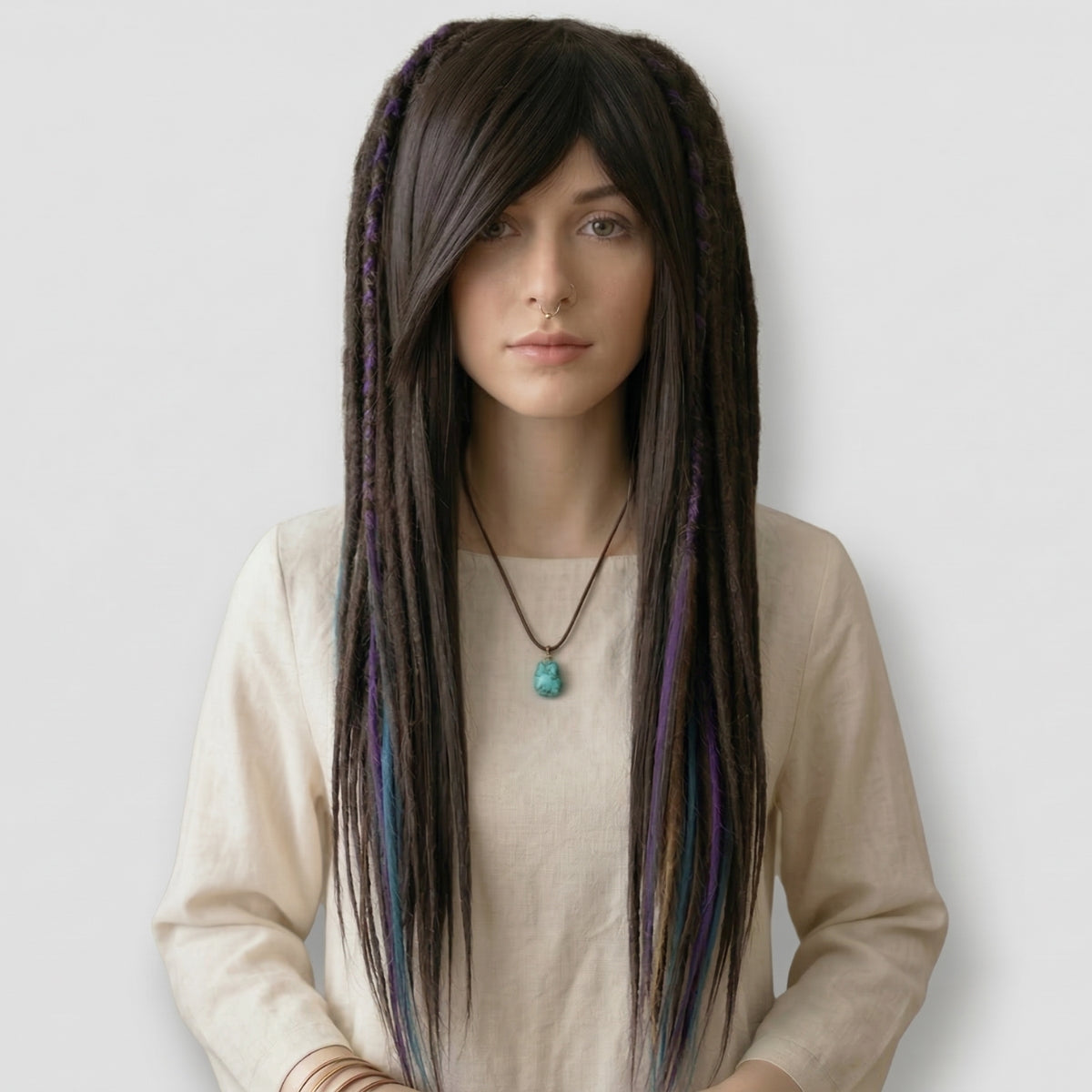 Brown Purple & Blue Dreadlocks Wig with Bangs