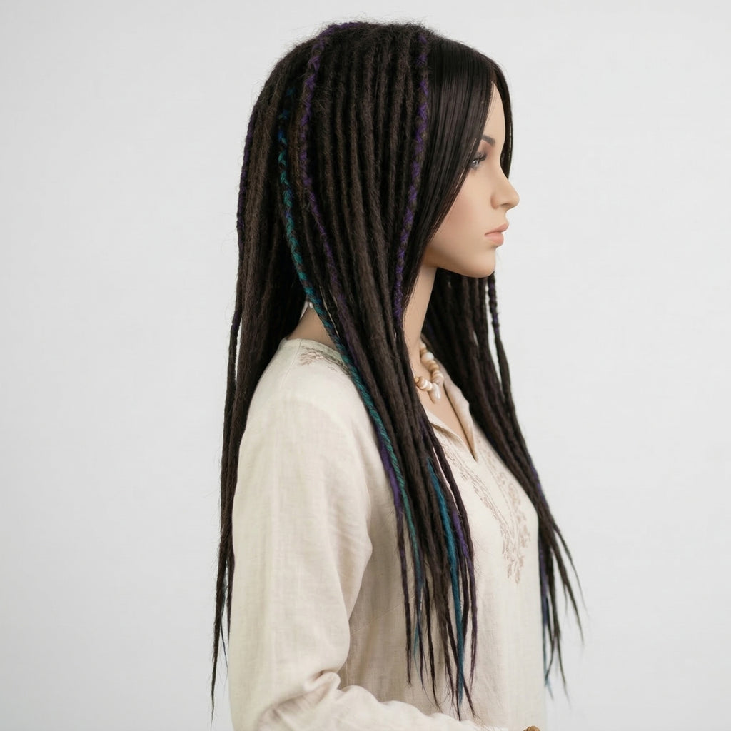 Brown Purple & Blue Dreadlocks Wig with Bangs