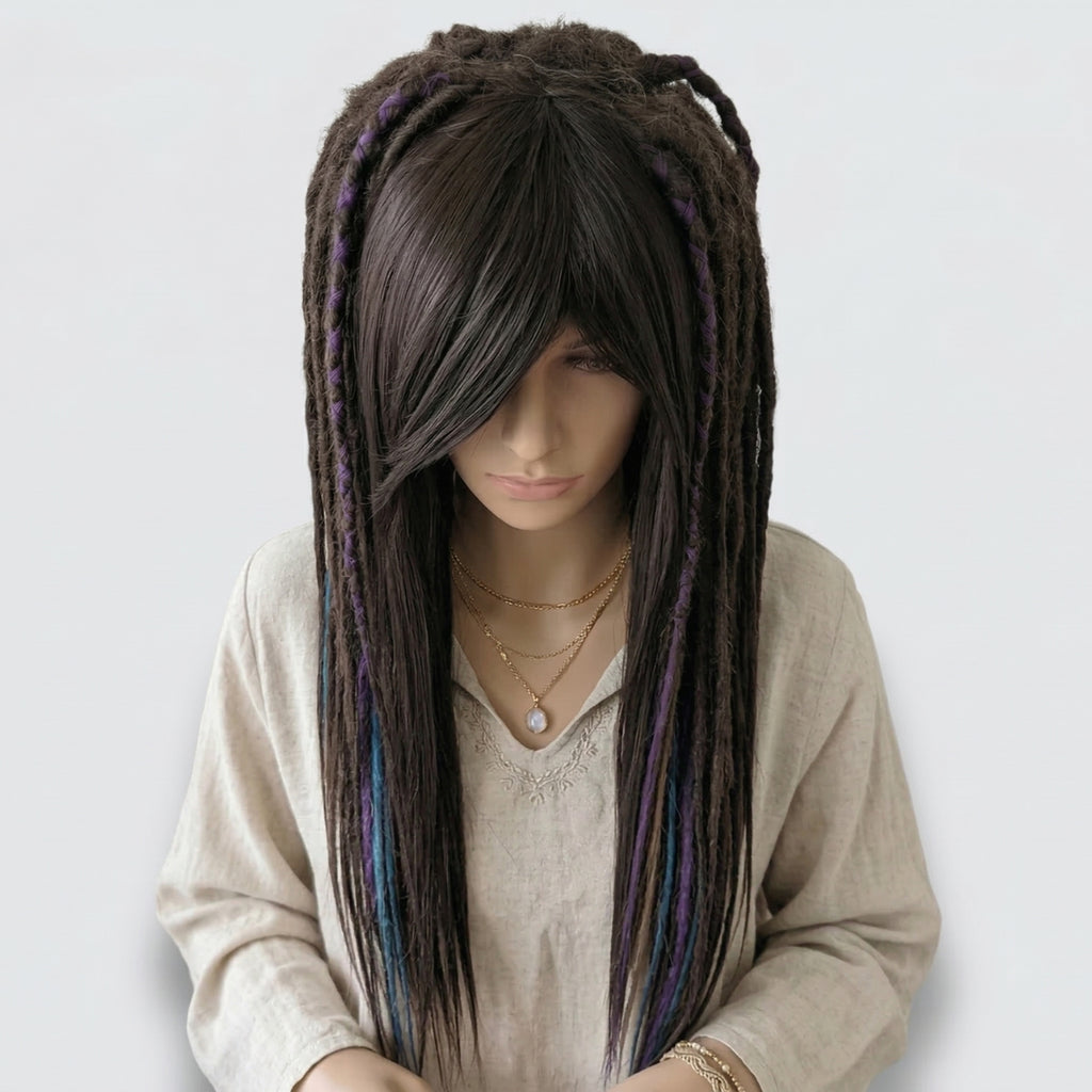 Brown Purple & Blue Dreadlocks Wig with Bangs