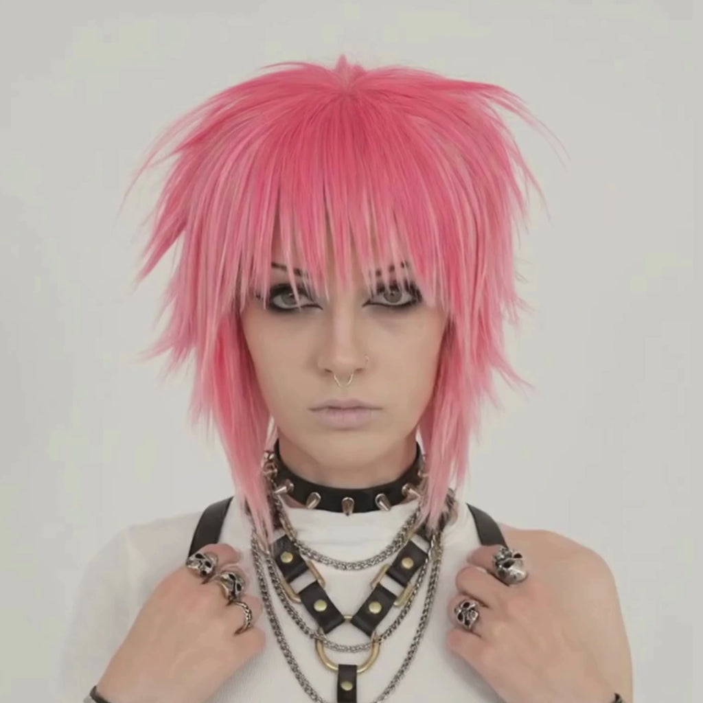 Short pink punk scene wig with layered cut profile view