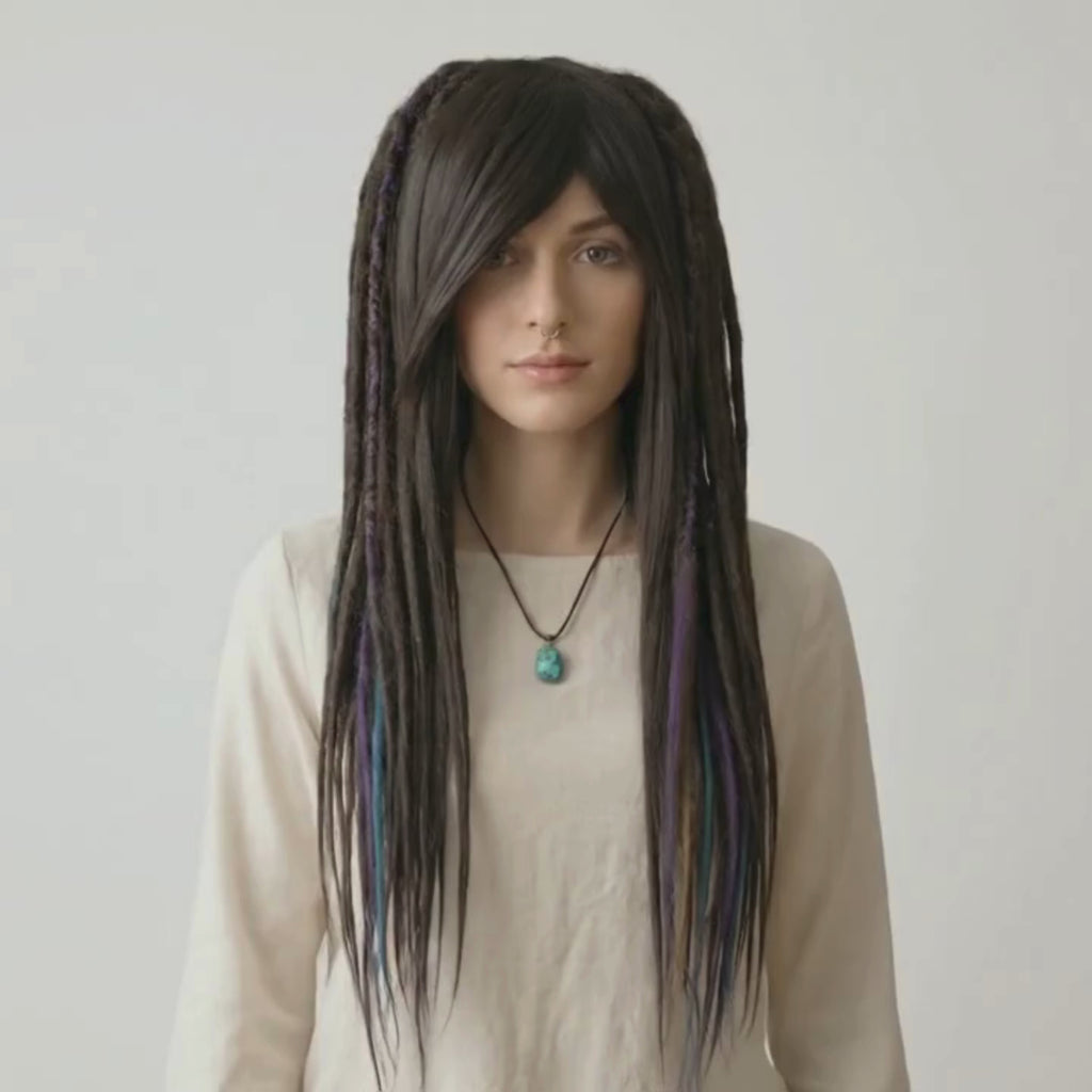 Brown Purple & Blue Dreadlocks Wig with Bangs