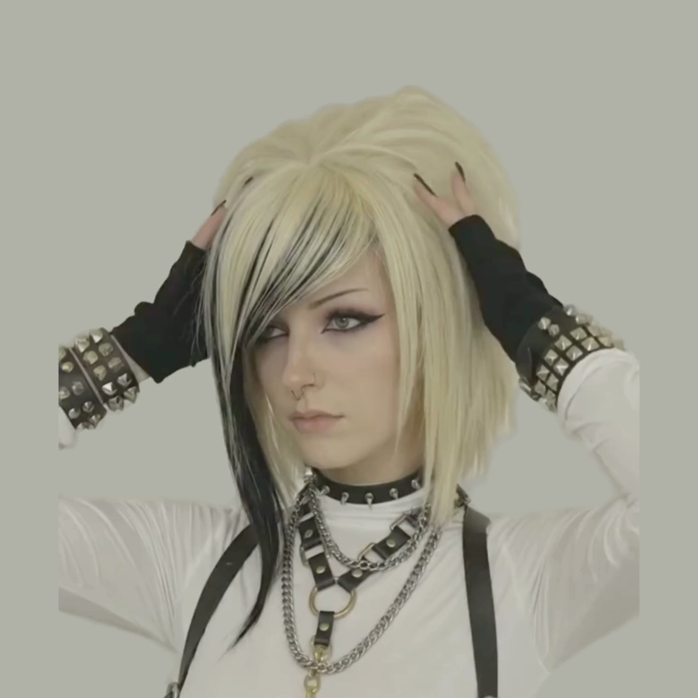 Short Emo Scene Wig – Blonde & Black Streaks with Side Bangs