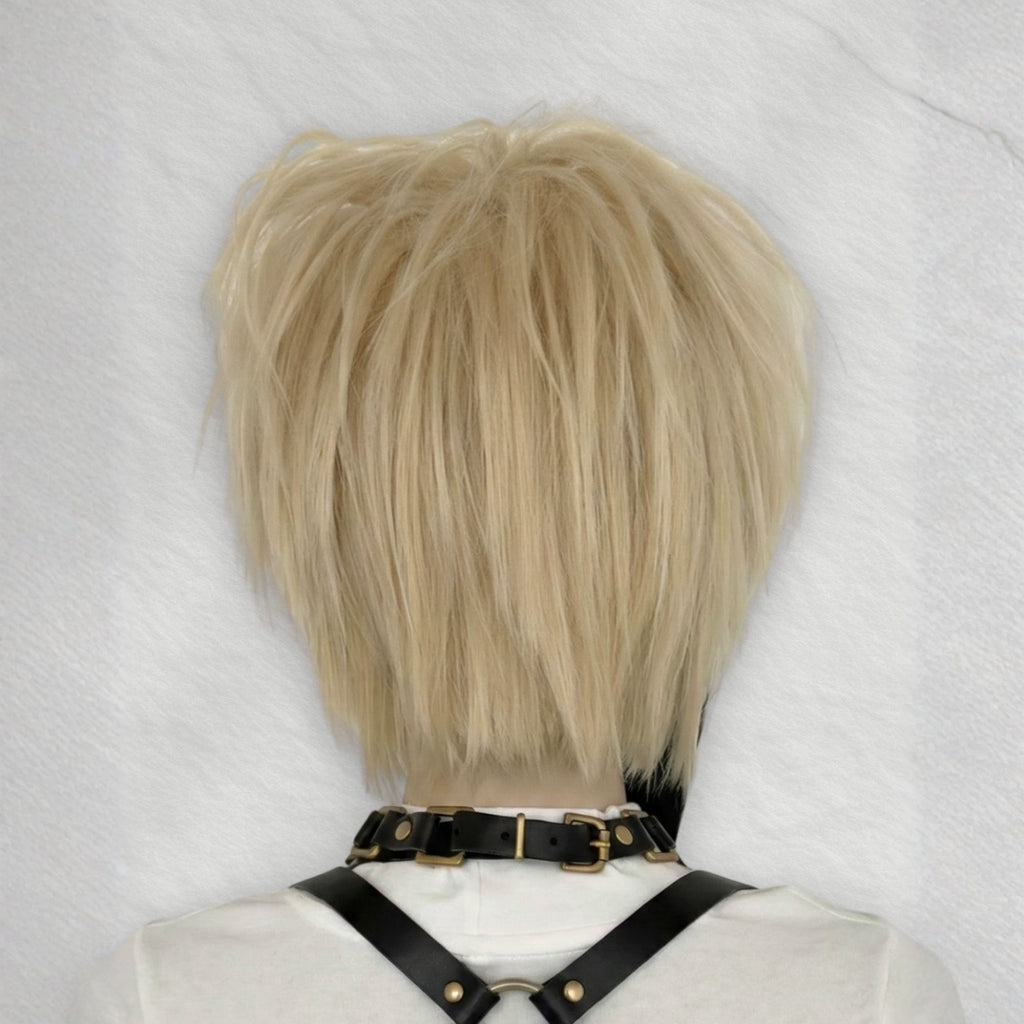 Back view of short layered emo scene wig with blonde and black streaks, asymmetrical bob cut with textured layers, heat-resistant synthetic alternative wig for cosplay, punk and gothic fashion.