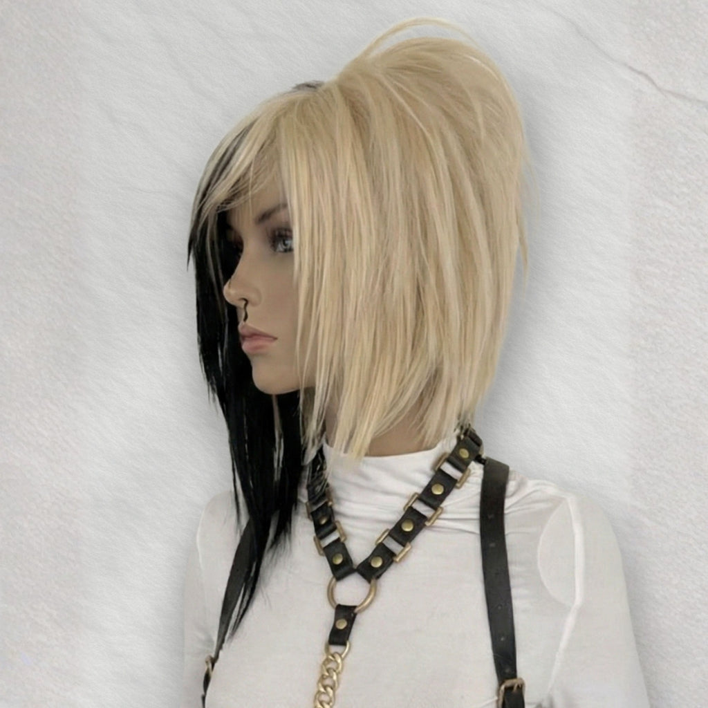 Front angle of blonde and black scene wig with short layered bob cut and side bangs, heat-resistant synthetic wig with silk top for alternative hair, anime cosplay, punk scene style and everyday wear.