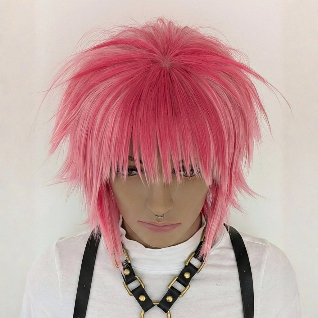 Short pink scene wig with textured layers and choppy bangs top view