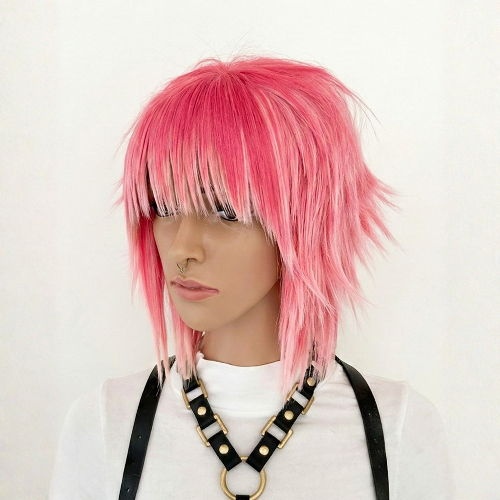 Short pink emo scene wig with spiky layered haircut angled view