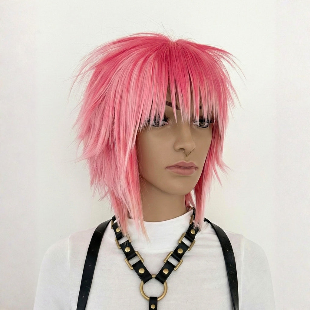 Short pink emo scene wig with spiky layered haircut angled view