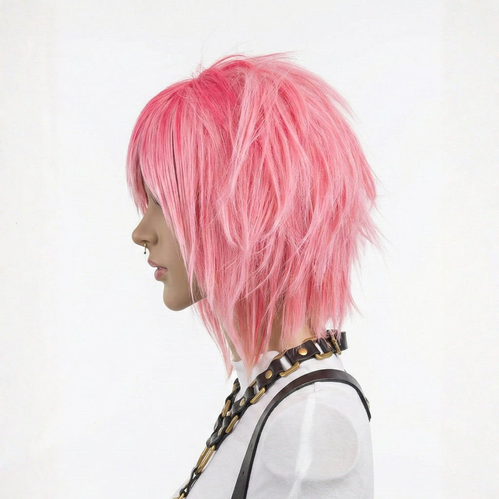 Short pink alternative scene wig with layered cut and bangs side view