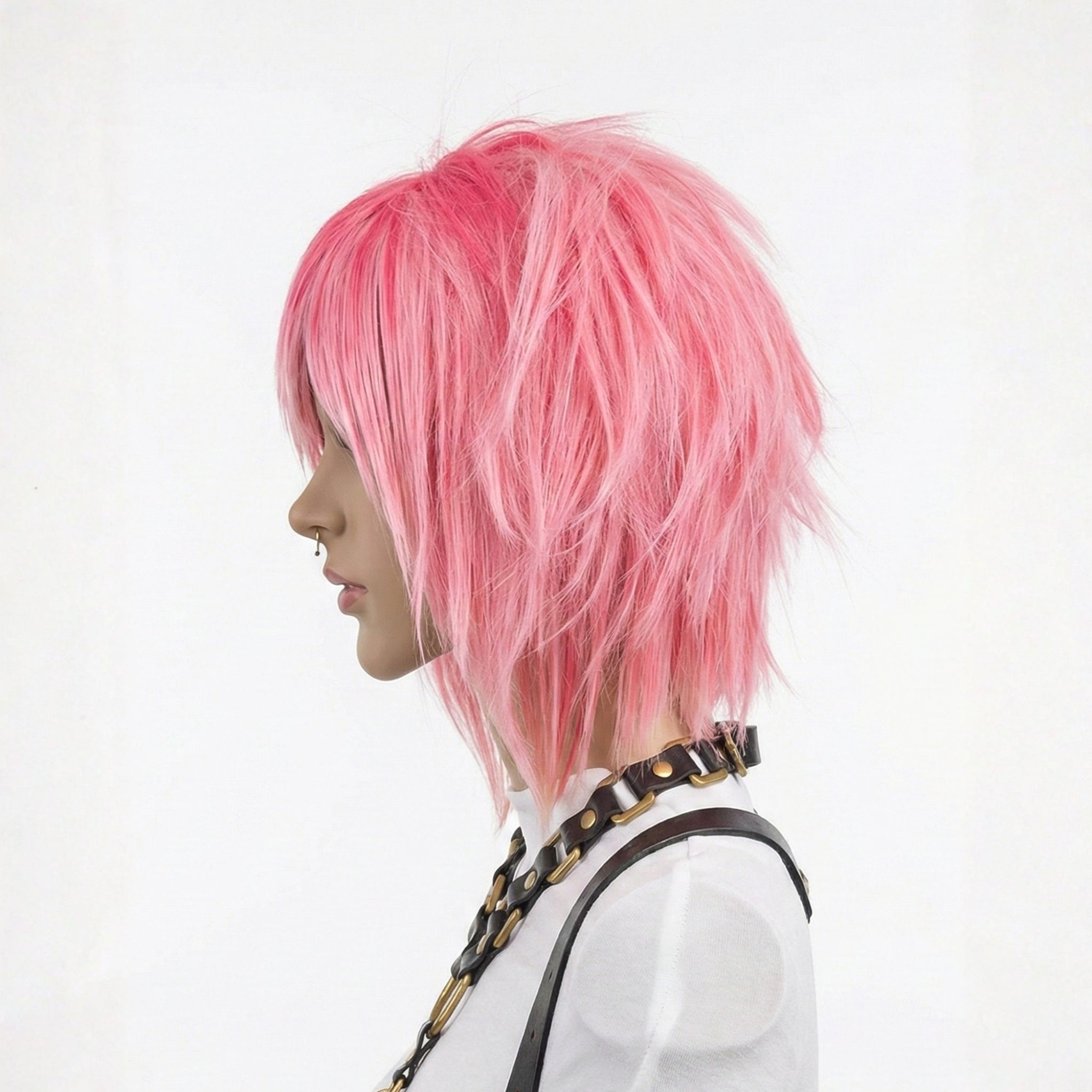 Short pink alternative scene wig with layered cut and bangs side view
