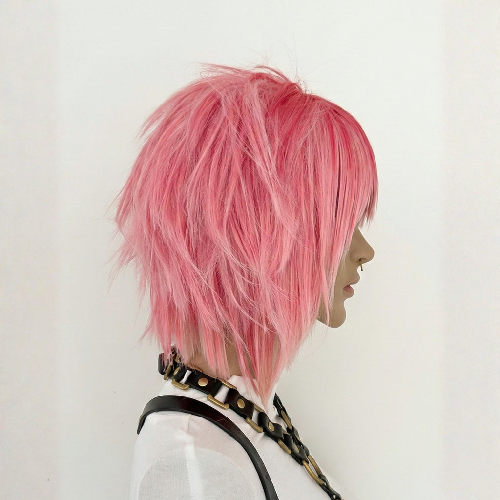 Short pink alternative scene wig with layered cut and bangs side view