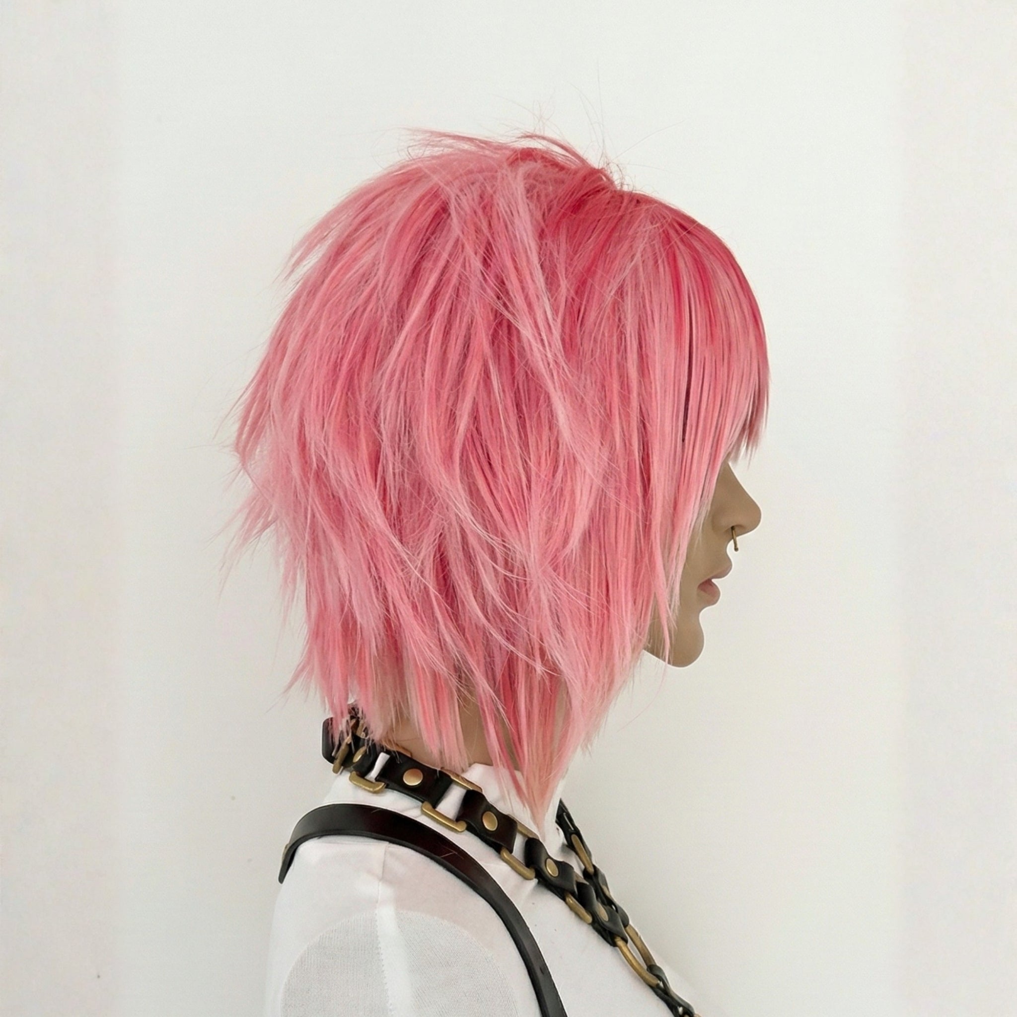 Short pink alternative scene wig with layered cut and bangs side view