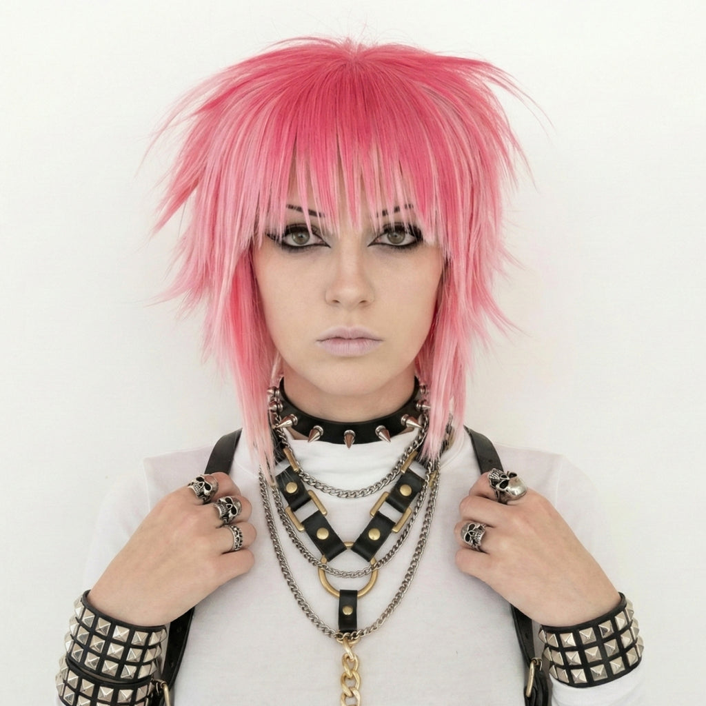 Short pink punk scene wig with layered cut profile view